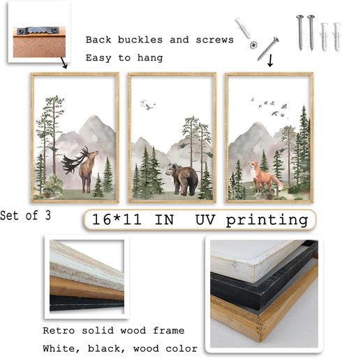 LuZhiQiang Set 3 16x11 Inch Of Wild Woodland Nursery Animals Wall Art Decor Safari Foggy Forest Deer Bear Fox Posters