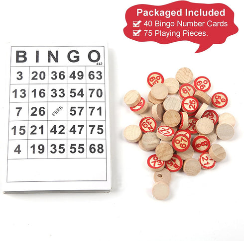 Bingo Board Game - Classic Vintage Wooden Bingo Set with 40 Number Cards & 75 Chess Pieces