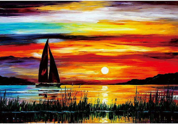 Moruska Sunrise Sailing Boat - 1000 Piece Wooden Jigsaw Puzzle - Gradient Color Oil Painting