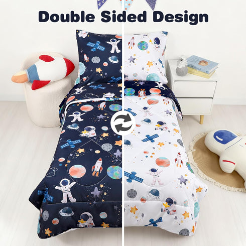 4 Set, Sets Piece Toddler Bedding Ultra Soft and Breathable Cartoon Space Toddler Comforter for Boys Includes Quilted