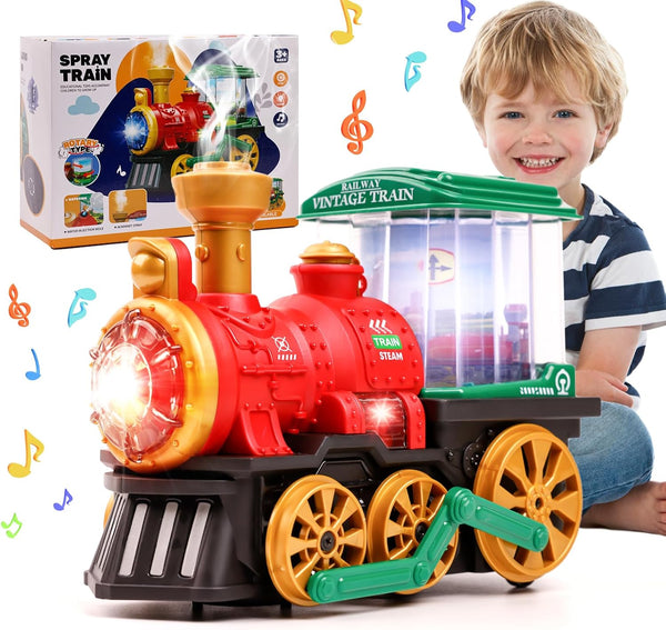 KidsMind Electric Steam Train Toy for Toddlers 3-5,Bump and Go Truck w/Steam Locomotive,Smoke,Light