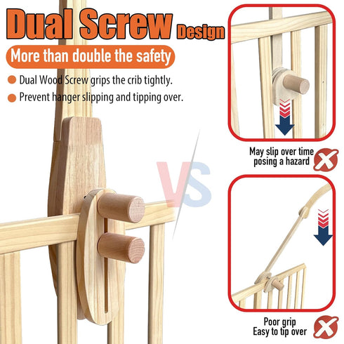 Tuiiopoli 360 Baby Crib Mobile Arm - Double Wooden Screw Anti-Slip Reinforcement Hanger Crib Holder No Paint Rotatable