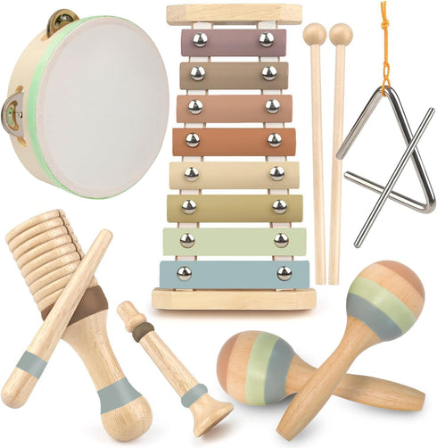 Stoie's Wooden Toddler Musical Instruments with Xylophone, Maracas, Triangle, Tamburine for Babies