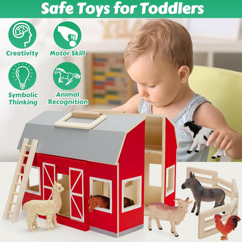 Farm Animals Toys for 3+ Year Old Toddlers, Big Wooden Barn Farm Playset with Figures, Educational Learning Toys, Ideal
