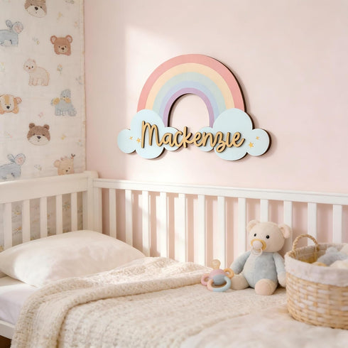 Personalized Rainbow Name Sign for Kids Room, Custom Wooden Name Wall Decor, Baby Girl Nursery Wall Art, Rainbow