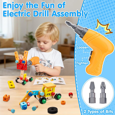 Set 59 3 4 5 6 Kids Tool Toy for Boys - Educational Montessori Wooden Toddler Play Tool Box with Electric Drill - Pcs