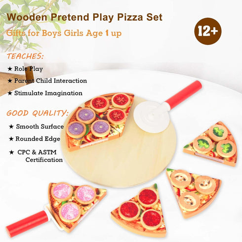 Set (6 Set) Cutting Play Food Toy for Kids Kitchen,Wooden Pizza Pretend Play Kitchen Accessories,Learning Toy Birthday