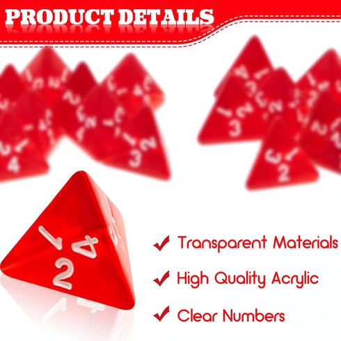 72 Pcs Red D4 Dice Bulk Cone Transparent 4 Sided Mini Dice Set for Role Playing Games
