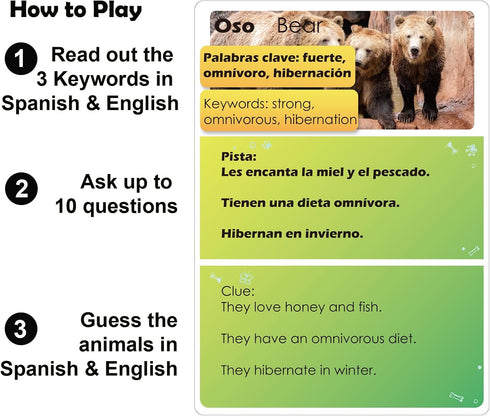 Spanish Animal Guessing Card Games for Kids - Fun Educational Activities, Bilingual Learning for Ages 5-9