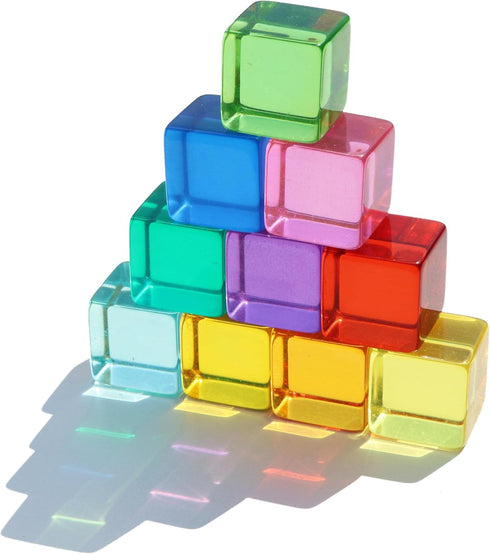 Rainbow Acrylic Gem Cubes - 10-Pcs Educational Sensory Training Crystal Toys for Children, Learn Color and Stacking