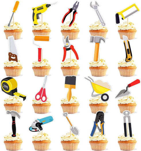 51 Pieces Tools Cupcake Toppers - Instrument Cake Decoration Tool Stickers (2 in 1) for Kids Girls 1st 2nd Birthday