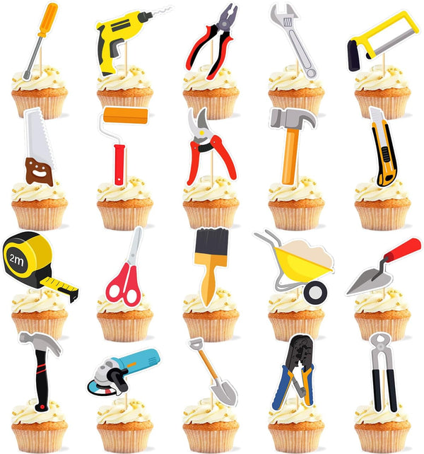 51 Pieces Tools Cupcake Toppers - Instrument Cake Decoration Tool Stickers (2 in 1) for Kids Girls 1st 2nd Birthday