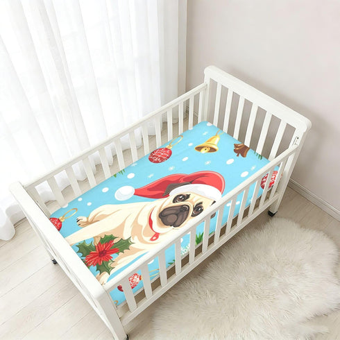 Bseiialft 52 28 Christmas Pugs Blue Crib Sheets for Boys Girls Soft and Breathable Cotton Baby Sheets for Standard Crib