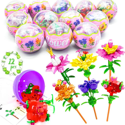 UMEELR Pre Filled Easter Eggs with Flowers, 12Pcs DIY Flower Surprise Building Blocks