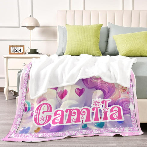 Personalized Baby Blanket with Unicorn Pattern for Girls, Custom Kids Blanket with Name, Customized Receiving Swaddle