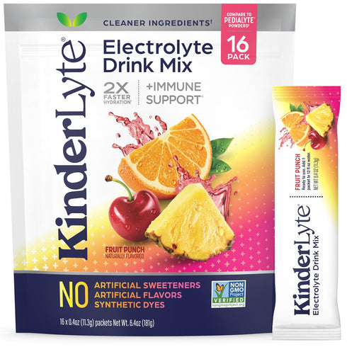 Kinderlyte Electrolyte Powder for Kids and Adults - Drink Mix Hydration Packets (Fruit Punch, 16 Count)