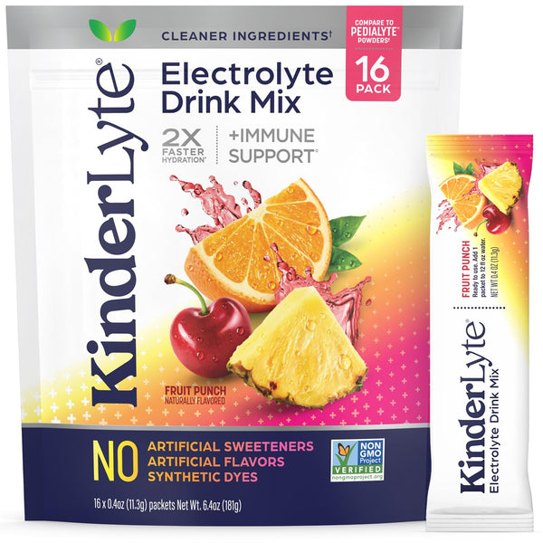 Kinderlyte Electrolyte Powder for Kids and Adults - Drink Mix Hydration Packets (Fruit Punch, 16 Count)