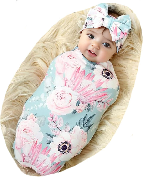 Galabloomer Newborn Receiving Blanket & Headband Set, Baby Flower Swaddle