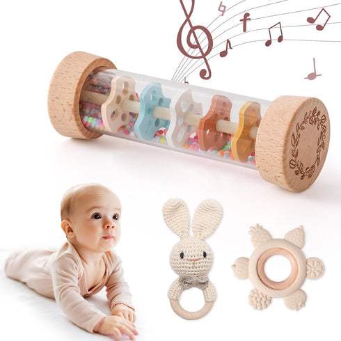 Set (3pcs) Set 3-6-12 Youuys Wooden Baby Rattle - Crochet Rattle Rain Stick Teething Toys, Wooden Montessori Toy