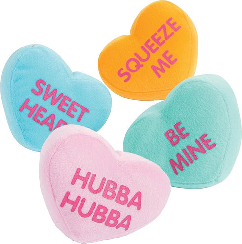 Fun Express 12 Pcs Plush Conversation Hearts - 4 inch, 4 Colors and Messages for Valentine's Day