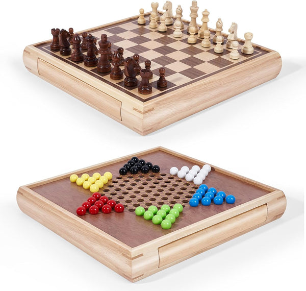 VAMSLOVE 13" Chess Chinese Checkers 2 in 1 Wooden Board Game Set with Pieces Storage Drawer, Bonus Marbles for Birthday