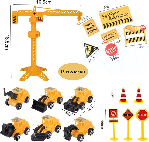 Nevperish 18 Set PCS Construction Cake Toppers Vehicles Cake Decoration Excavator Tower Crane Cupcake Topper Traffic