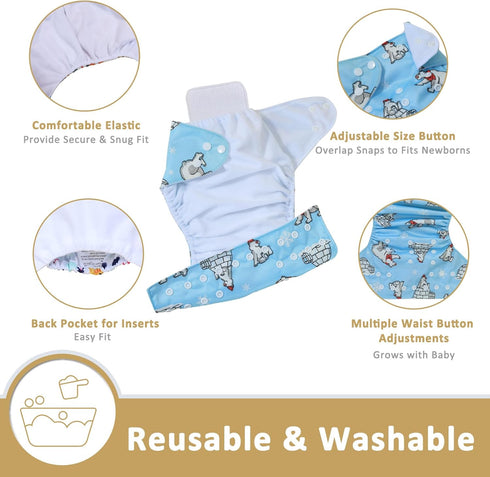 6 Pack 6 Inserts,1 TDIAPERS Cloth Diapers Reusable Washable Pocket Diapers Cover One Size Adjustable for Baby Snaps