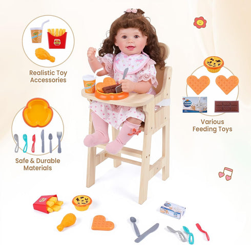 Set 15-20 Inch BABESIDE Wooden Baby Doll High Chair for Dolls Furniture, Babydoll High Chair with Adjustable Tray, Safe