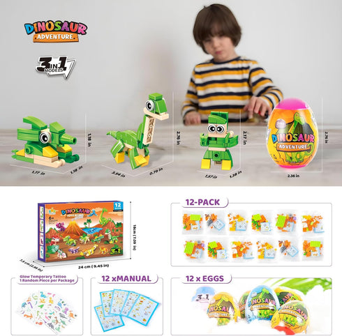 12 Sets 3-in-1 Set 36 Easter Basket Stuffer - Dinosaur Building with Prefilled Eggs for Easter Party Favors & Egg Hunt