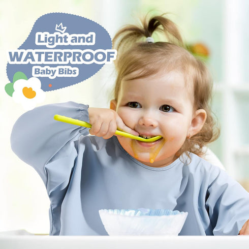 4 Pack 6-36 JaGely Long Sleeve Bibs Baby Smock Waterproof Sleeved Bids with Food Catcher for Baby Eating Feeding Ages