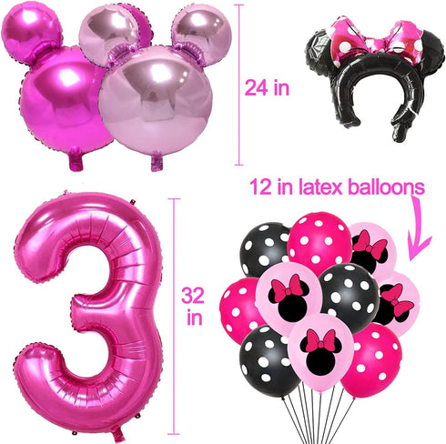 50pcs Pink Mouse Birthday Decorations, 3 Year Old Girl Party Supplies, Balloons, Cake Topper, Cupcake Topper