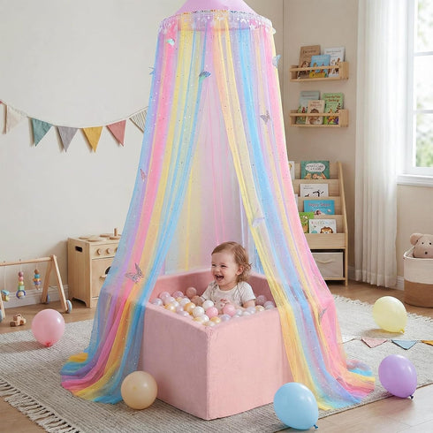 STAOLENE Rainbow Princess Bed Canopy for Girls, Breathable Hanging Mosquito Net with Glitter Star & Moon Tassels, Fits