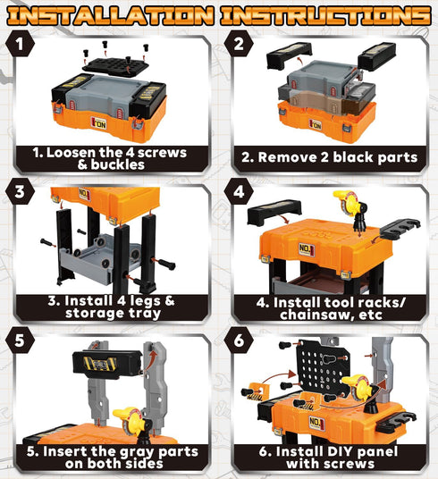 2-in-1 Toolbox 3-5, Lehoo Castle Kids Tool Bench with Electric Drill and Construction Vehicles, Workbench