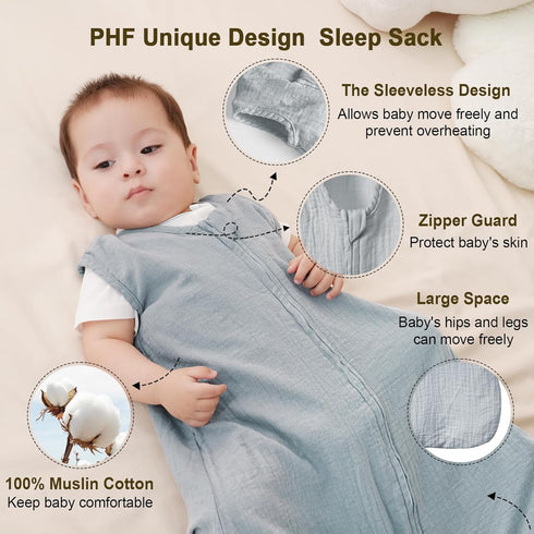 PHF 100% Muslin Cotton Baby Sleep Sacks, 0-6 Months with 2-Way Zipper, 2 Pack Cooling Unisex 0.5 TOG, White & Grey