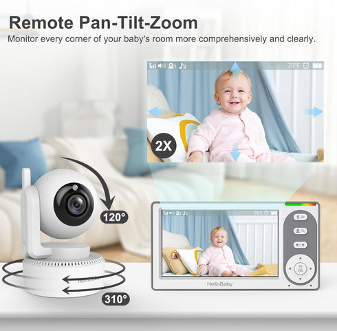 HelloBaby 4.3'' 30 8 1000ft Video Baby Monitor with Hours Battery, Remote Pan-Tilt-Zoom Baby Monitor No WiFi, Baby