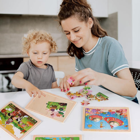 Wooden Puzzles Toys for Kids Ages 3-5 - Set of 4 Packs with 20-Piece Farm Animal Theme Jigsaw Puzzles