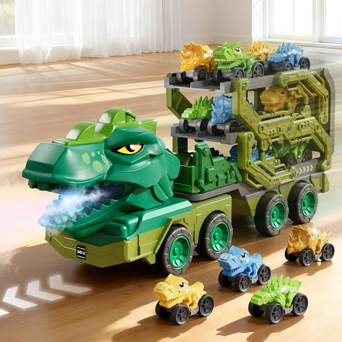 PEADUCK 3-5, 10-in-1 9 3 4 5 6 7 8 Toddler Car Truck Toys for Kids Ages Dinosaur Carrier Truck with Foldable Track Toys