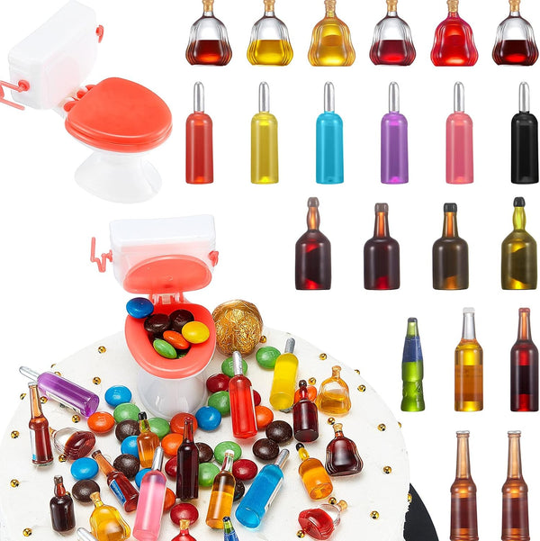 21 Pieces Miniature Bottles, 1 Piece Mini Toilet Cake Topper, Dollhouse Cake Miniature Funny Toy Set for Party