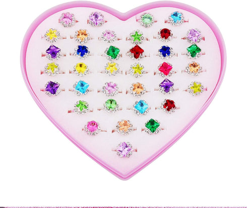 36pcs Adjustable Rhinestone Gem Rings Set for Little Girls with Heart Shape Display Case, Jewelry Rings