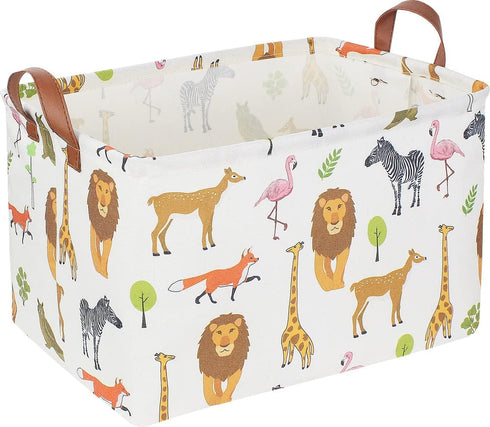 Kids Storage Basket, Collapsible Woodland Jungle Forest Printed Bin, Waterproof Gift Box with Handles (Jungle Animals)