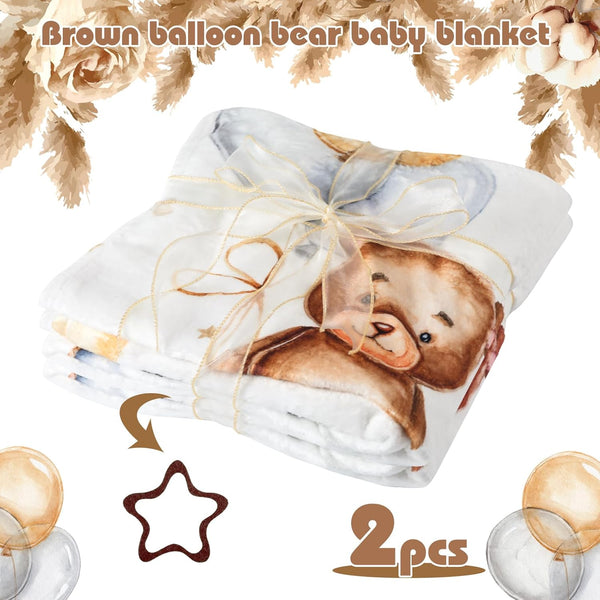 Boho Sleeping Bear Monthly Baby Milestone Blanket, Brown Bear Balloon Flannel for Newborns