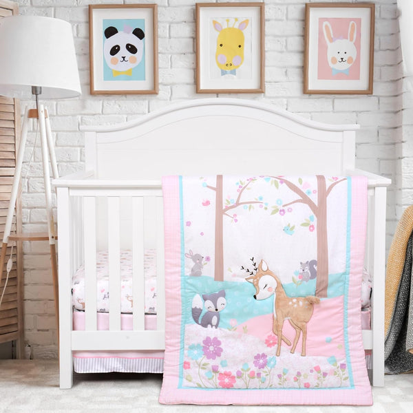 UOMNY Crib Bedding Set for Girls 3 Piece Woodland Baby Girl Crib
