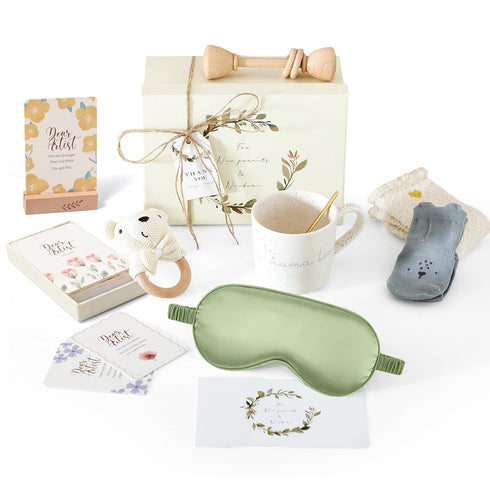 Set Package New Mom & Baby Gift | Pregnancy & Baby Shower Gifts for Her | Mama Bear Mug, Eye Mask & Baby Rattle Care