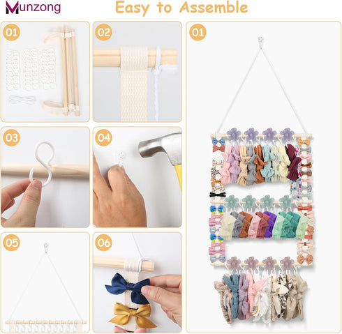 30 15x20inch Munzong Headband Holder,Beige Bow Organizer for Baby Girls, Nursery Wall Hanging Clip Storage w/ Hooks