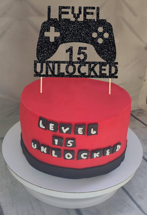 Level 15 Unlocked Cake Topper - Video Game Cake Topper for 15th Birthday Party Decoration
