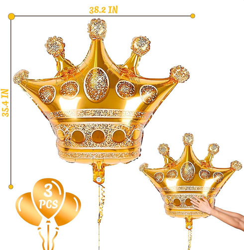 3 Pcs Large Gold Crown Balloons (38.2" x 35.4") - Durable Princess Birthday Party Decorations for Photoshoots,