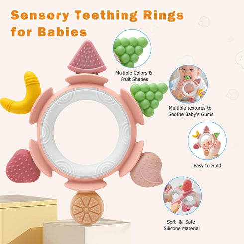 3-12 Baby Teething Ring Toy for Months, Silicone Infant Teether for Sore Gum Relief, Soothing Sensory Chew Toy, Ideal