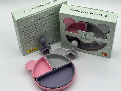 MIX COLOR SILICON BABY FEEDING SET, BABY LED WEANING SUPPLIES, BABY EATING SUPPLIES (Pink Grey Purple)