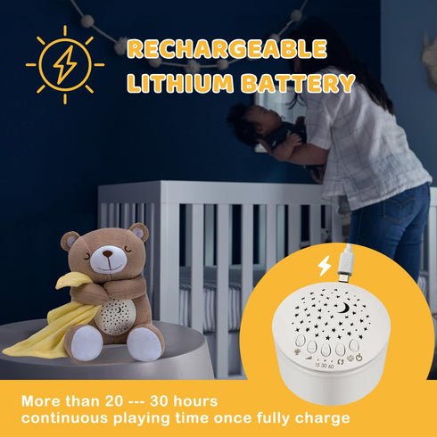 BEREST Rechargeable Baby Sleep Soother Bear, Nursery Decor Night Light Projector, Mom's Heartbeat Cry Sensor Lullabies
