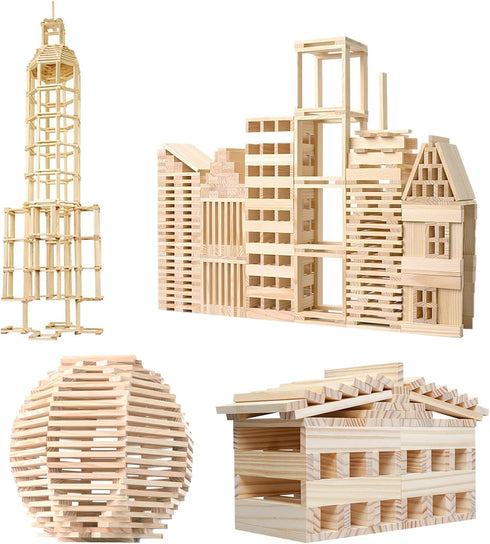 NiToy 200PCS Playset 3D Wooden Plank Building Blocks Sensory Toy for Kids, Montessori STEM with Natural Pine Wood